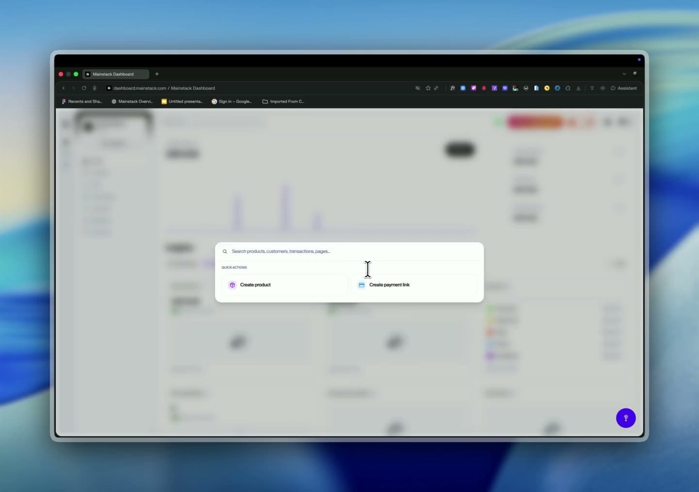 A screen recording of Global Search in Mainstack: opening the modal on Quick Actions, typing a query, results arriving under All, Products and Transactions tabs, and the no-matches state.