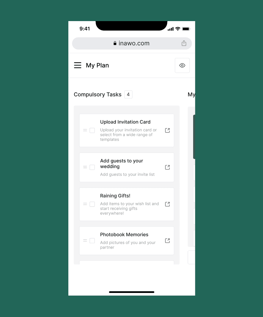 Inawo's My Plan view on a phone, with the task columns stacked and horizontally scrollable.