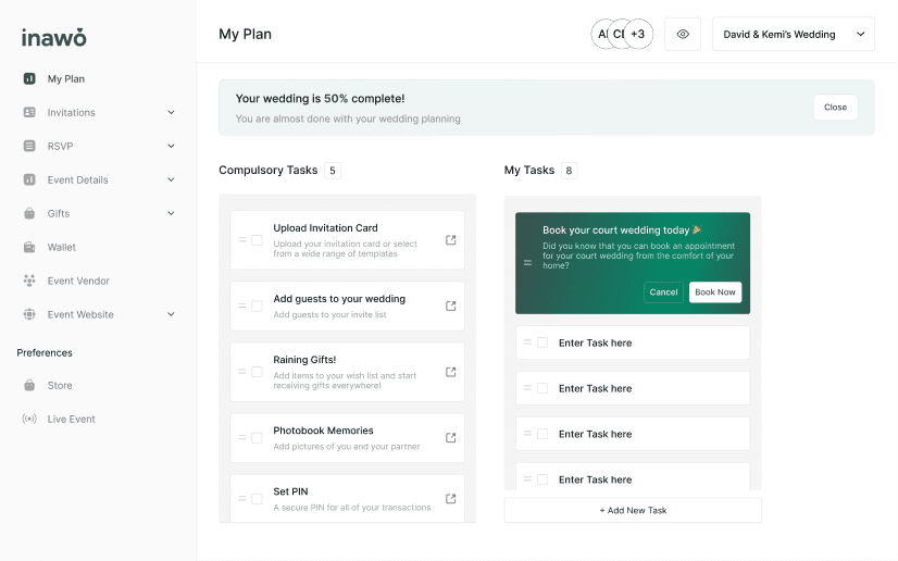 The same dashboard with a banner across the top reading: Your wedding is 50% complete. You are almost done with your wedding planning.