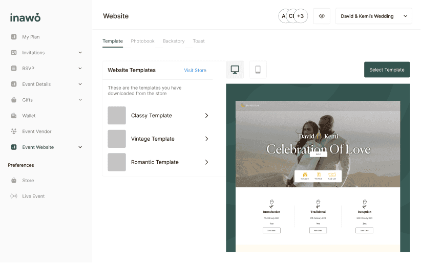 The Event Website section of Inawo, listing downloaded templates on the left with a live preview of a wedding site on the right.